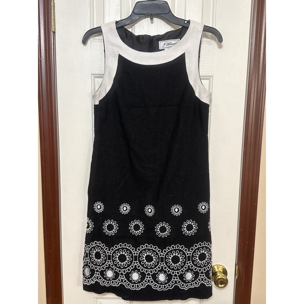 J Howard Black Dress Sleeveless White Trim Embroidered Detail Size 6